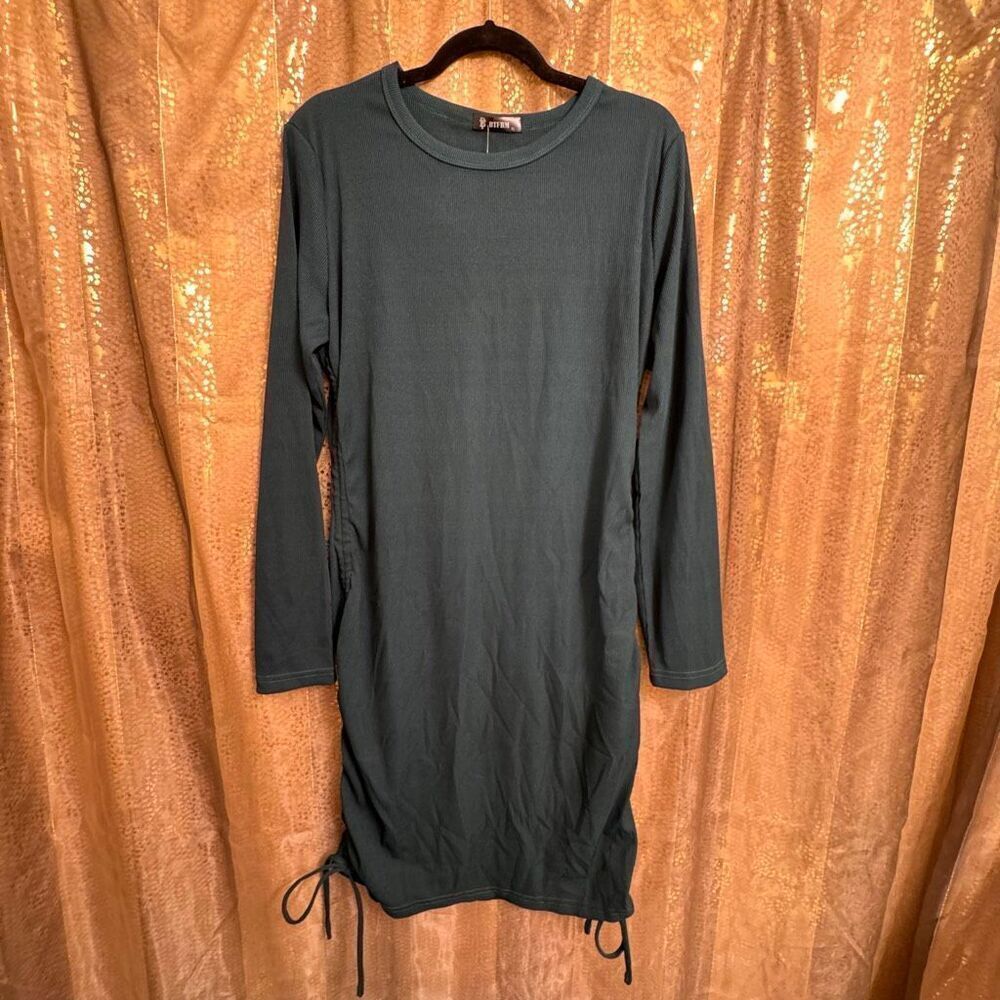 BTFBM Dark Emerald Green Ribbed Long Sleeve Bodycon Side Tie Mini Dress XL